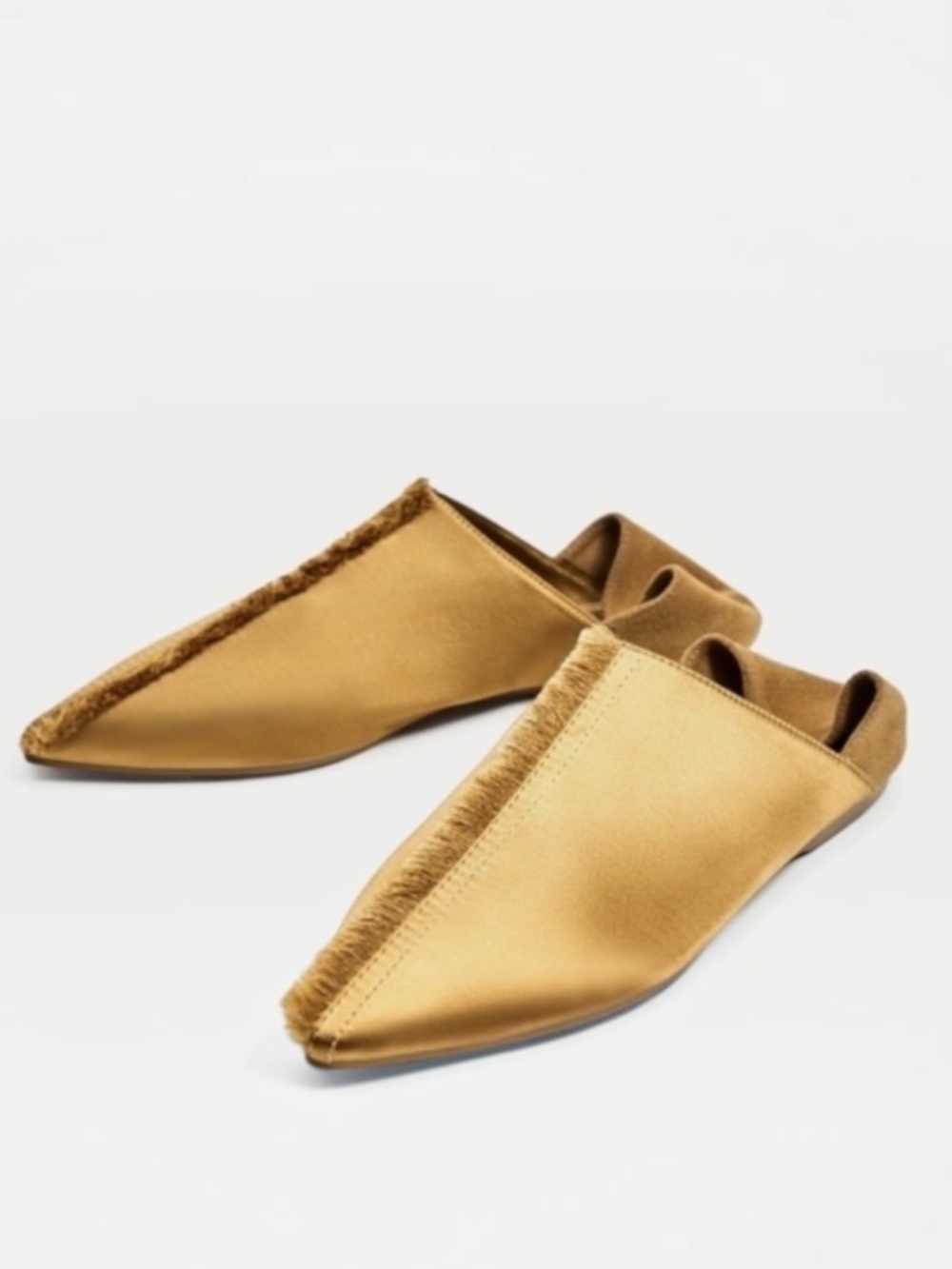 Zara Gold Satin Suede Pointed Toe Frayed Mule Flats Size 38